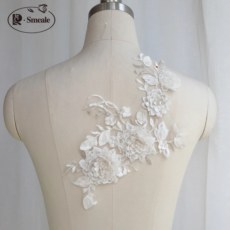 Handmade Beaded Lace Accessories for Wedding Dance Wear, 3D Flowers, Off-White Silver, DIY, RS2673