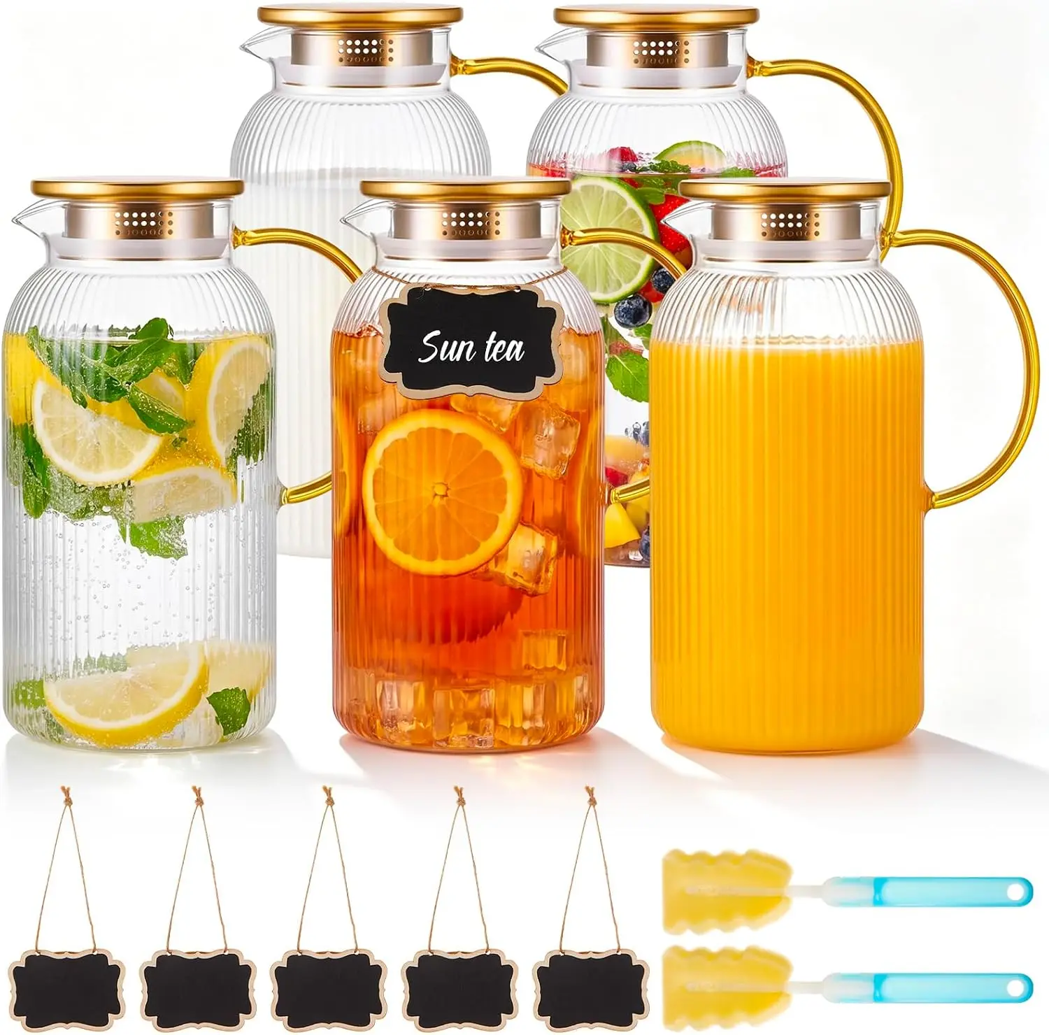 Lidded Glass Water Pitcher Set, 5 Pack, 68 oz / 2 Liter, Vertical-Striped Design with Yellow Handle, Mini Rectangular Chalkboard Label, Sponge Cup Brush, Hot and Cold Beverages, Housewarming Gifts