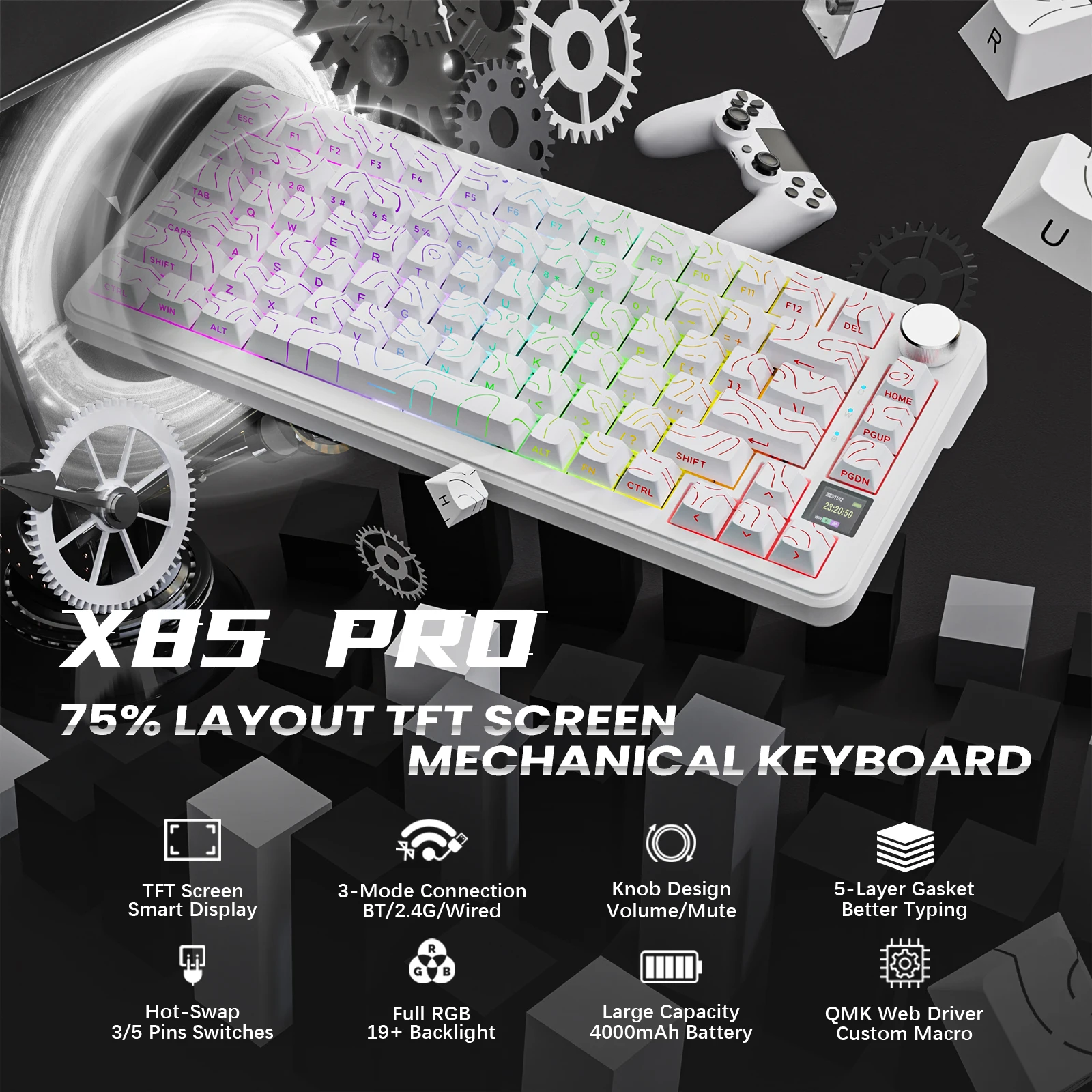 ATTACK SHARK X85PRO 75% Gasket Mechanical Tri-Mode Keyboard PBT Side-Engraved RGB Hot Swap TFT Screen Custom Keyboard For PC MAC