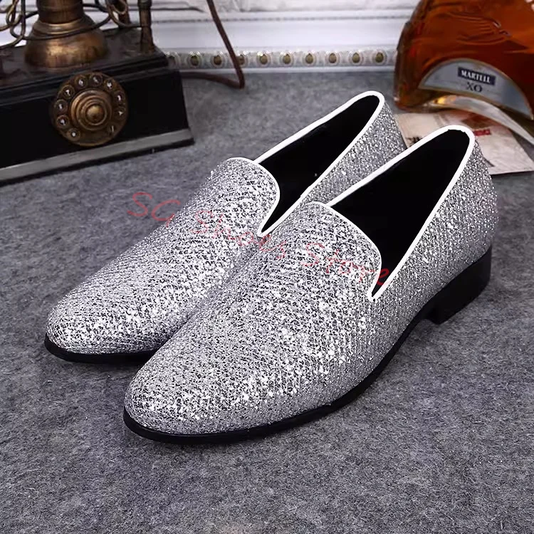 

Bling Sequined Colth Leather Shoes for Men Wedding Dress Loafers Round Toe Chunky Heel Shallow Derby Shoes Male Leisure Shoes