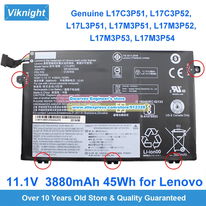 

Оригинальный аккумулятор L17L3P51 11,1 В 3880 мАч для Lenovo ThinkPad E480 E485 01AV445 SB10K97606 01AV446 01AV447 01AV448 01AV463 L17C3P51