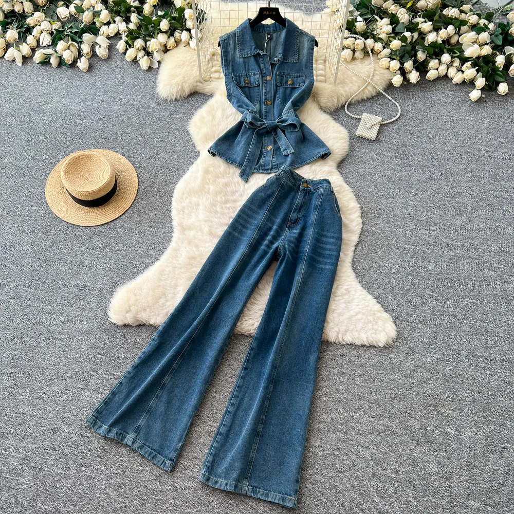 

Pant Set Women Two Piece Sets Denim Turn Down Collar Sleeveless Coats Wide Leg Long Pants High Waist Y2k Streetwear Elegant