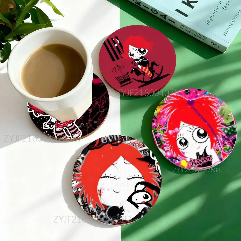 

R-Ruby Gloom Gothic Pattern Art Coasters Round Wooden Heat Resistant Non-Slip Home Decor Gift Multifunctional