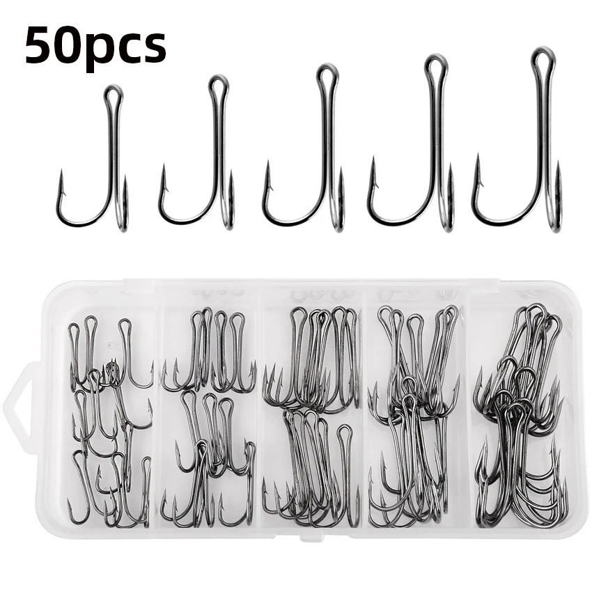 50 adet/kutu yüksek karbonlu çelik balık oltası, keskin dikenli çift kancalar, yumuşak yemler için balıkçılık aksesuarları