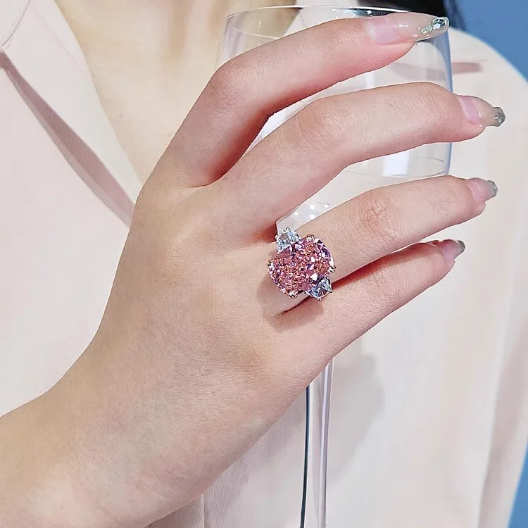 S925 Sterling Silber Ring Mode Leichter Luxus Kissenförmiger Quadratischer Diamantring Hochkarätiger Diamant Rosa Zirkonium Verlobungsring – Detail 10
