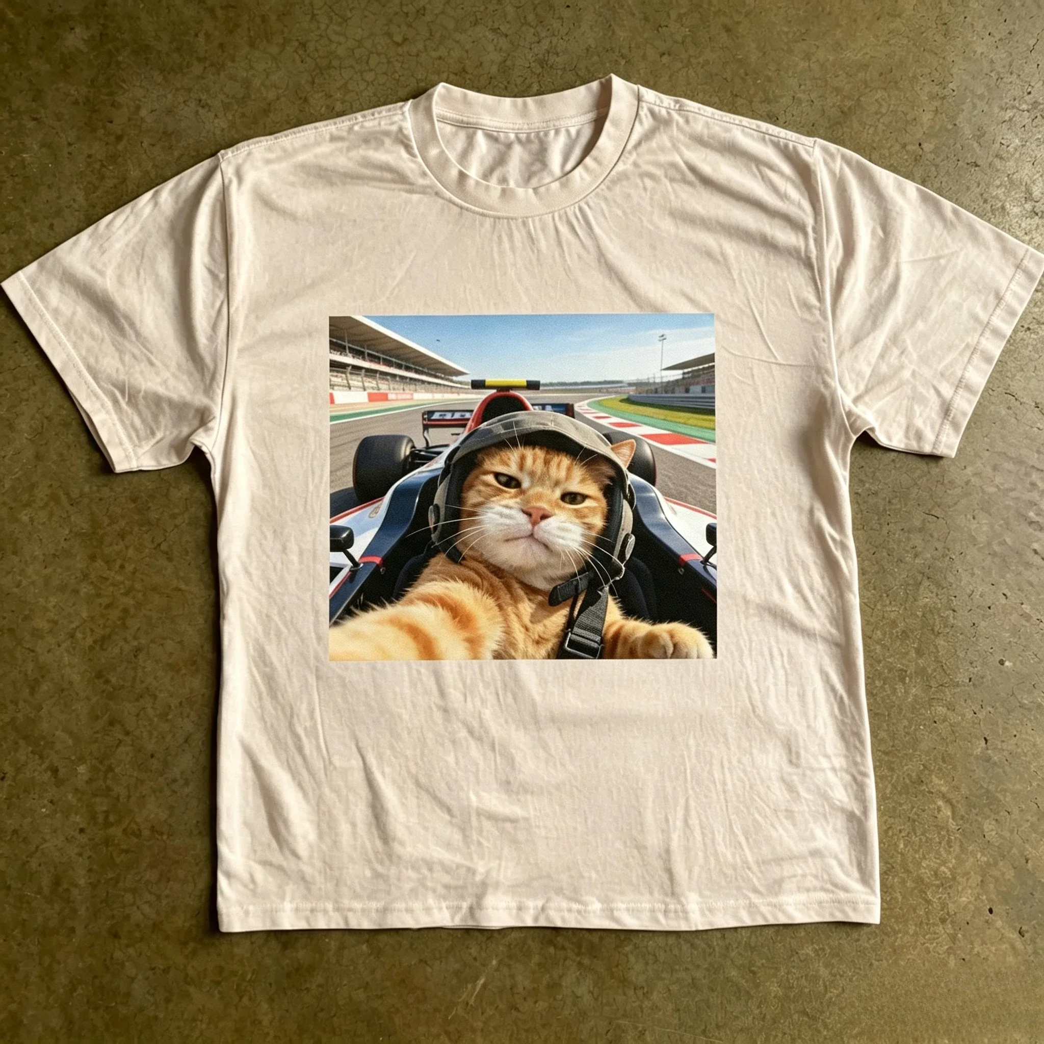 Race Driver Cat Graphic T-shirtWomen Funny in Racing Car Print Short Sleeve Sport Casual Streetwear Tops