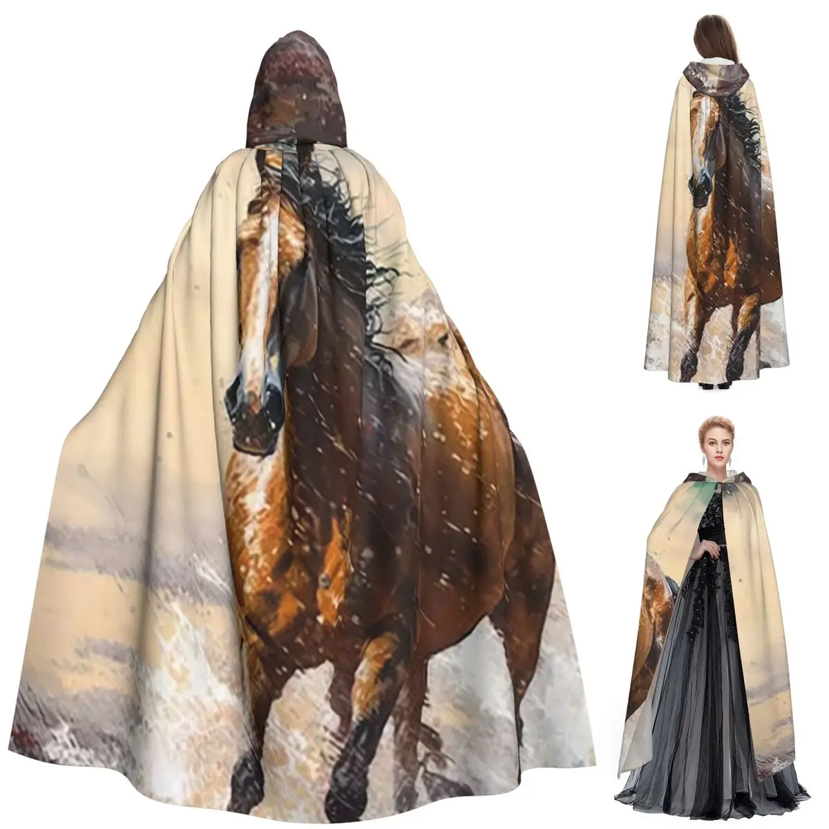 

Horse Galloping In The Desert Illustration Long Hooded Cloak Witch Medieval Costume Cosplay Cape HalloweenParty Adult Unisex