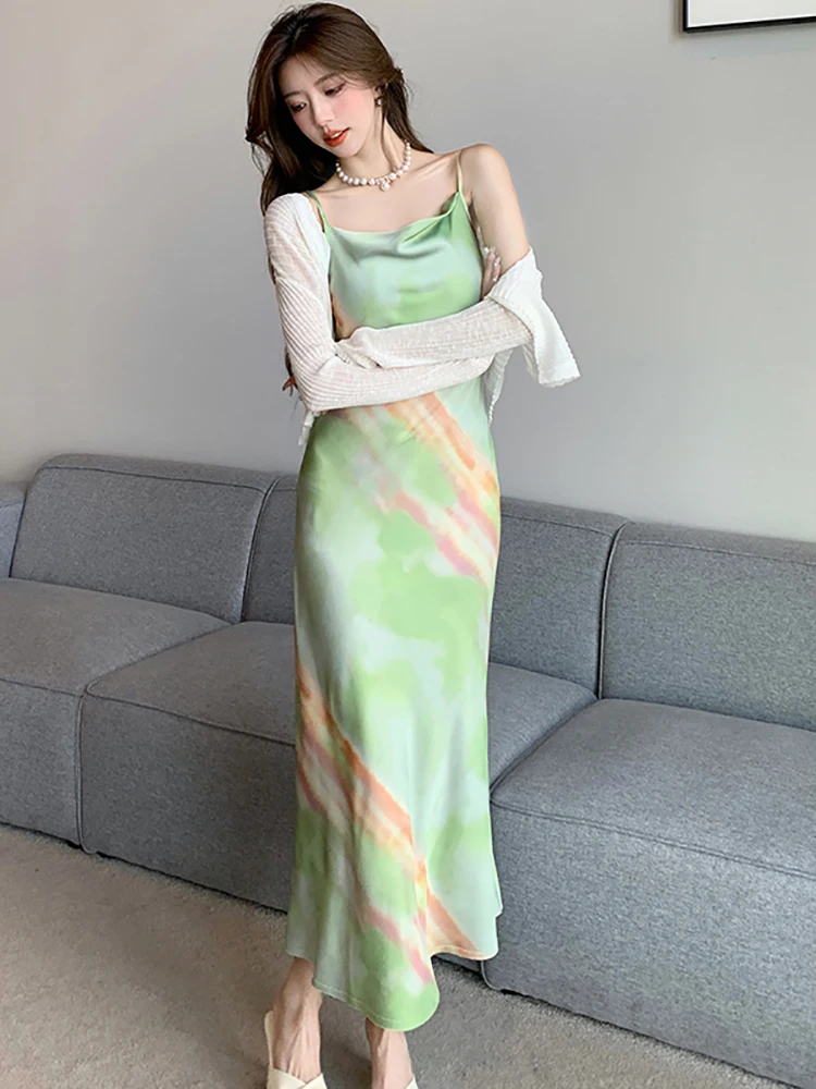 Women Korean Fashion Elegant Casual Dress Sets 2024 Summer Green Gradient Satin Sling Dresses+White Knitted Shawl Two Piece Sets