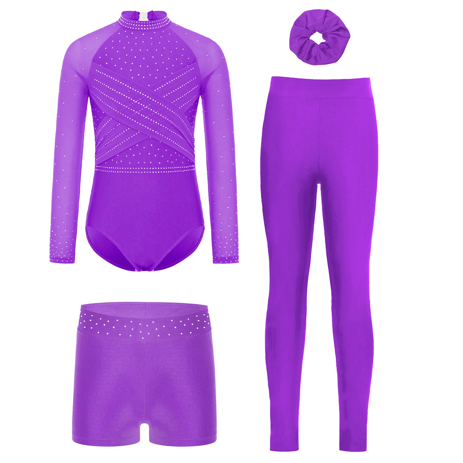 Fantasia de ginástica para meninas, 4 unidades, malha transparente, mangas compridas, collant + shorts + leggings + faixa de cabelo, roupa de dança para patinação artística