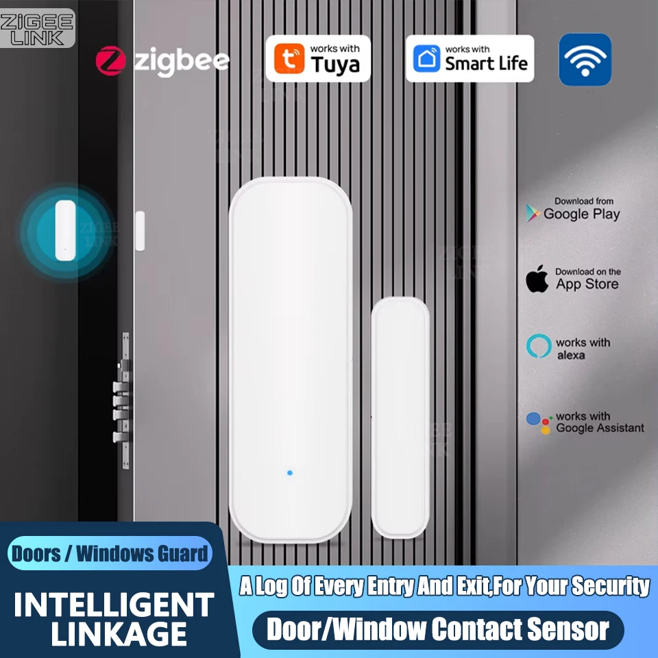 Tuya ZigBee Door Window Sensor Wireless Magnetic Alarm Detector Home Security Anti-Theft APP Control Works with Alexa Google
