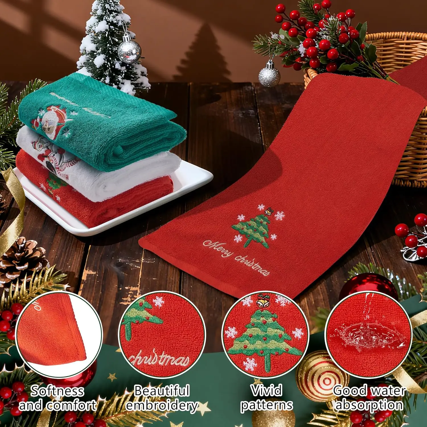 

New Year Red Towel Classic Solid Christmas Decor Xmas Tree/Santa Claus Embroidery Bath Towel Christmas Hand Towels Set Xmas Gift