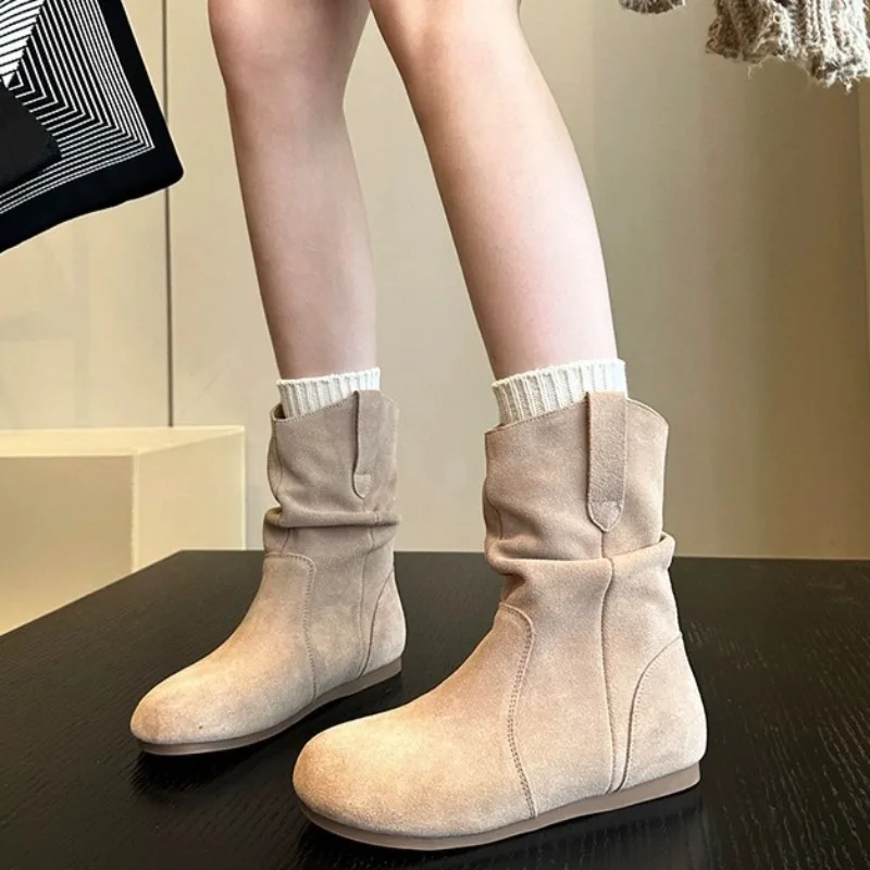 

Luxury Women's Boots New Fashion Shoes High-quality Women Shoes Soft-soled Pleated Short Boots Round Head Thick Heel Short Boots