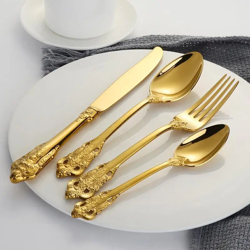 Western Luxury Vintage Flatware Set 18/10 Stainless Steel Gold Knife Fork Cutlery Set Hotel Royal Tableware Dinnerware Sets