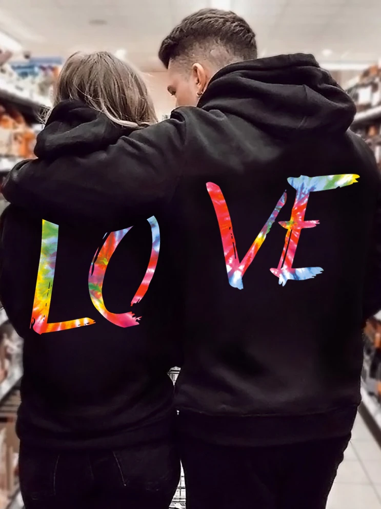 

Watercolor Letters Love Graphics Pullover Couple Spring Sweatshirt Women Men Fashion Trend Hoodie Lovers Couple Matching Set