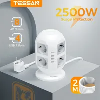 TESSAN Tower Surge Protector Multi-Socket, 2500W, 10A, with 8 Outlests and 2 USB A Ports, 2m Extension Cable, Gray with Switch