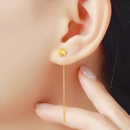 Pendientes de oro puro fino AU999 para mujer, pendientes de alambre de oreja de trébol de la suerte, nuevos pendientes de gama alta para novia, joyería