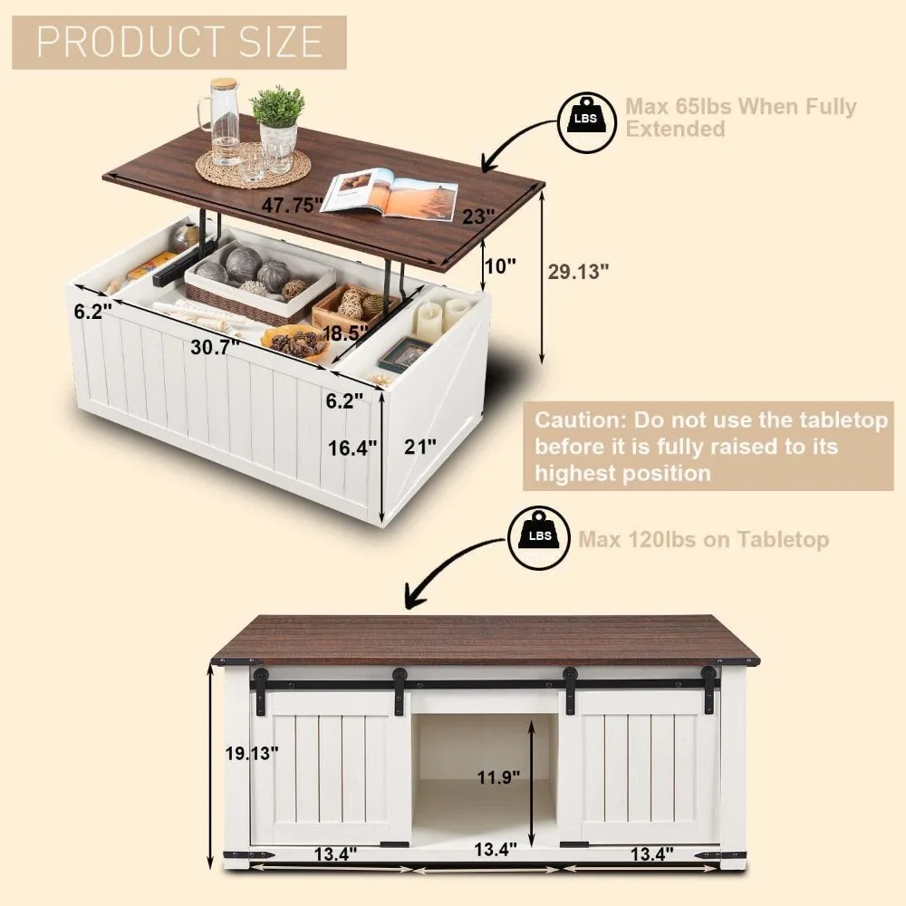 Mesa de centro elevatória de 48 ", cocktai de fazenda com porta de celeiro com ranhura deslizante, mesa central de madeira rústica com espaços de armazenamento duplos