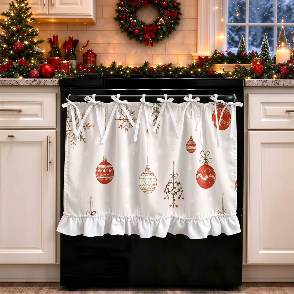 1PC Christmas Tie Up Kitchen Curtain, Orange Red Christmas Ball Ornament Hanging, Digital Print, Kitchen Dining Room, Home Decor