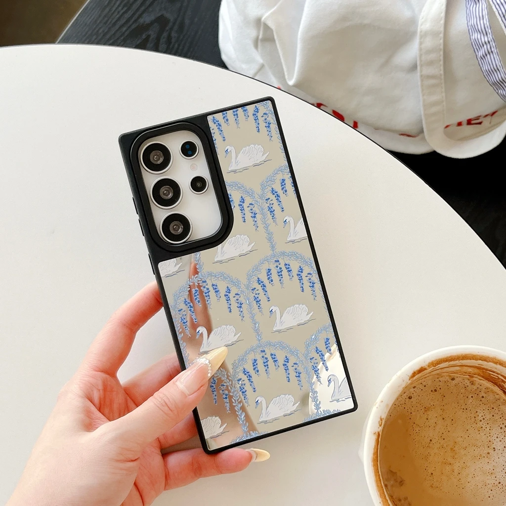 เคสโทรศัพท์กันกระแทก ลายดอกไม้สีสันโรแมนติก หงษ์ขาว สำหรับ Samsung Galaxy S23 S24 S25 Plus Ultra