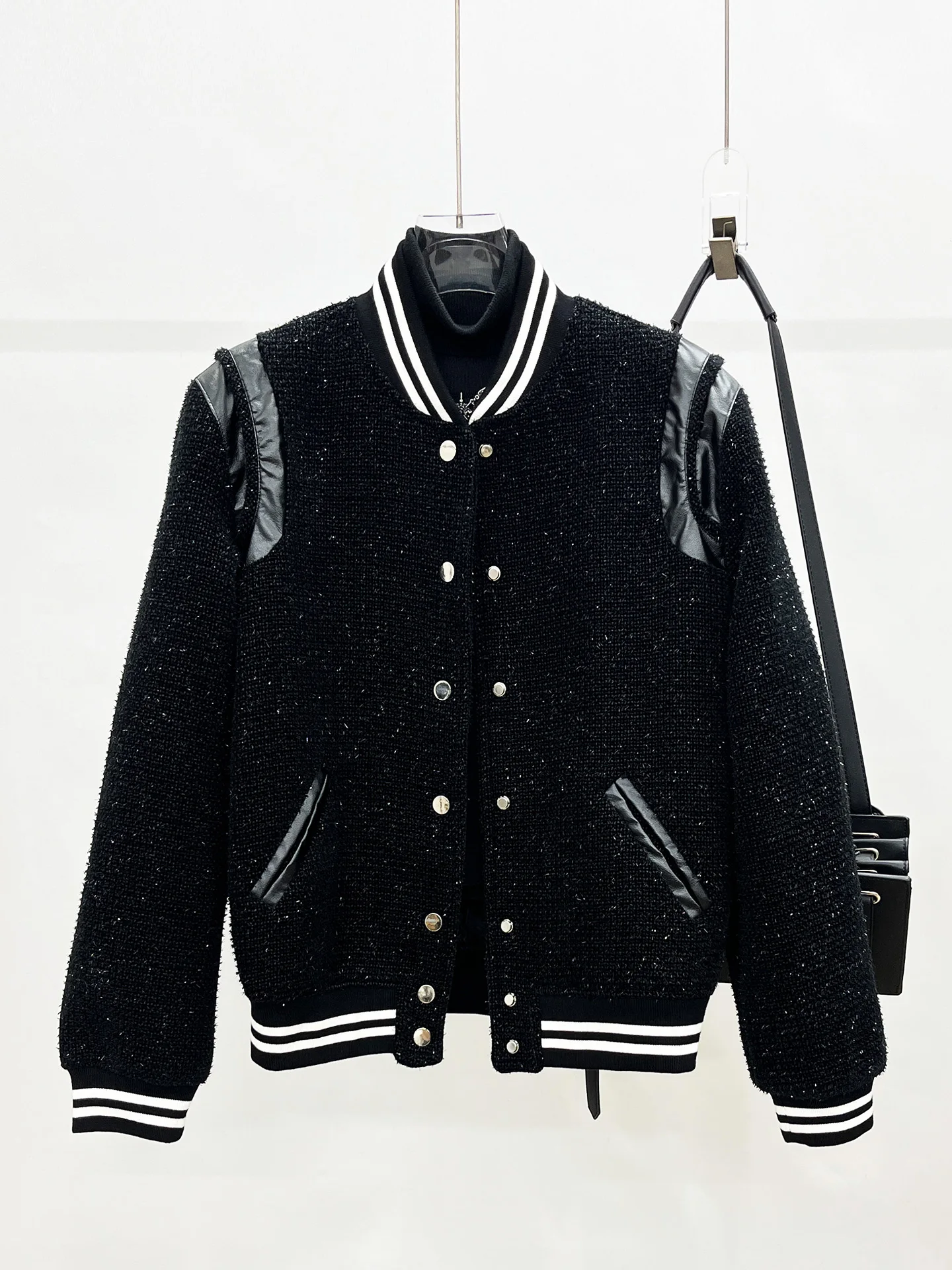 

s Men's Baseball Jaet Luxury Woolen Bright Tead Stand Collar ort Coat Casual Sle Warmth Faion Outerwear