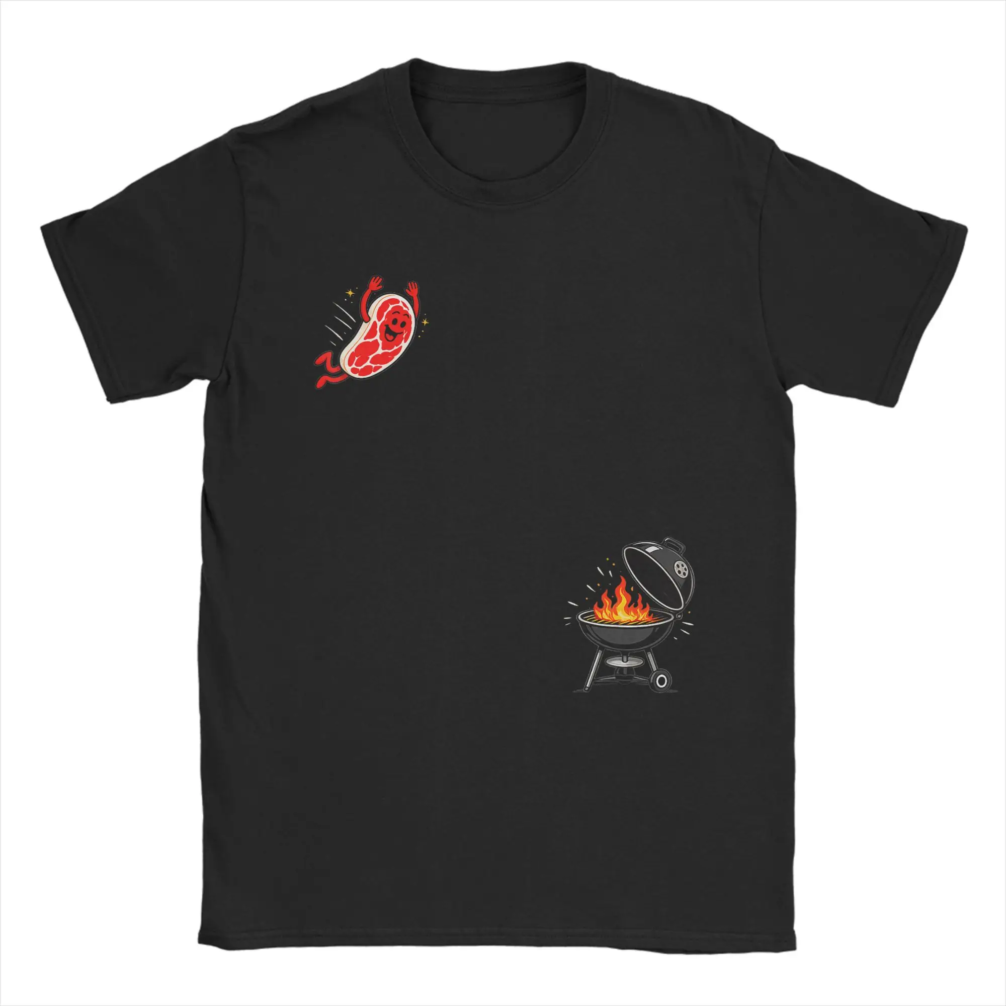 Men T-Shirt BBQ Steak Meme Cute Meat Jumping Into Grill Humor 100% Cotton Tees Short Sleeve  T Shirts O Neck Clothing Printing