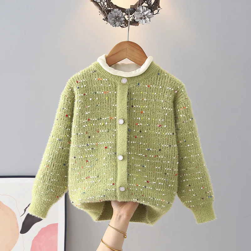 New Kids Colorful Speckled Fuzzy Faux Cardigan Sweater Contrast Color Round Neck Pullover Girls Casual Versatile Clothes JY07301