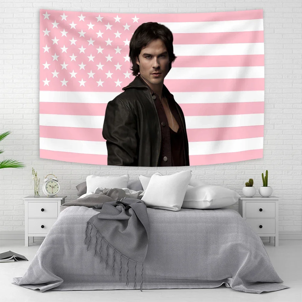 Ian Somerhalder American Flag Vampire Diaries Damon Salvatorea Tapestrys Aesthetic Bedroom Tapestry House Decoration
