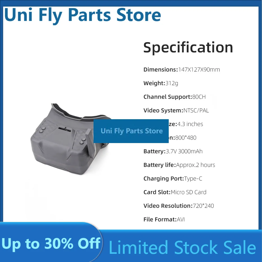 UniFlyHGLRC VR001 5.8G FPV Goggles Screen 4.3inches Type-C Charging Port Support Card Recording 80CH Channel RC Parts