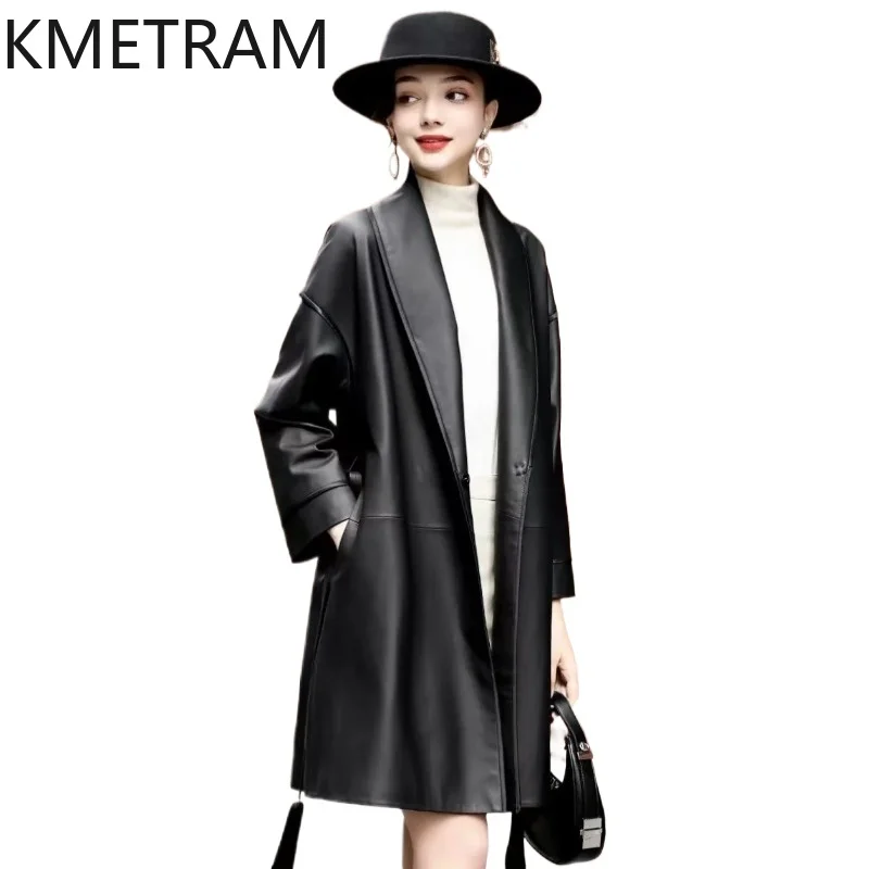 KMETRAM Genuine Sheepskin Leather Jacket Woman V-Neck Mid-Length Coat Fashion Belted Jackets Autumn Women Clothes 2026 jaqueta