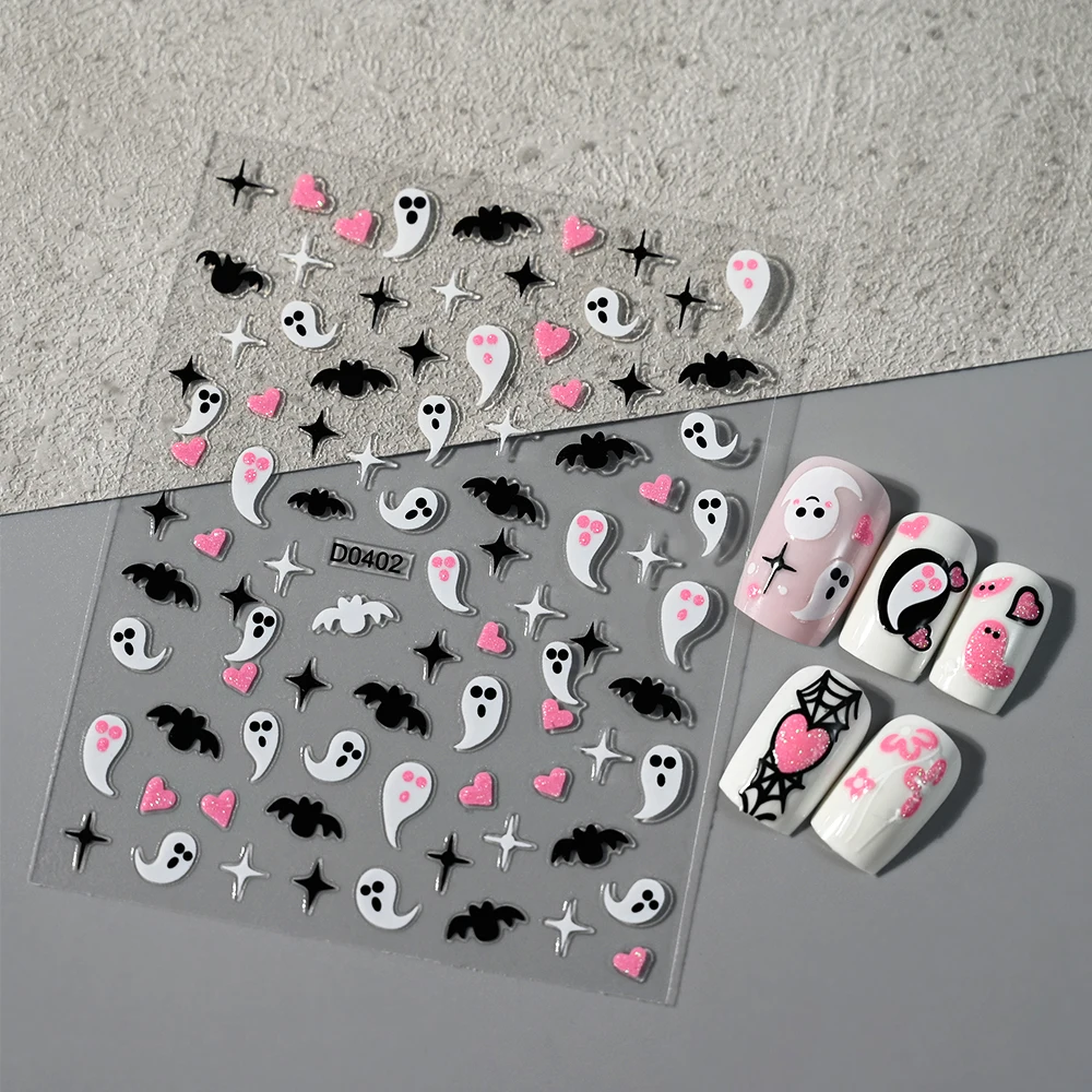 1 unidad de pegatinas 3D góticas para uñas de Halloween, calcomanías adhesivas de telaraña fantasma blanca, deslizadores de esqueleto de murciélago, decoración de manicura para Festival