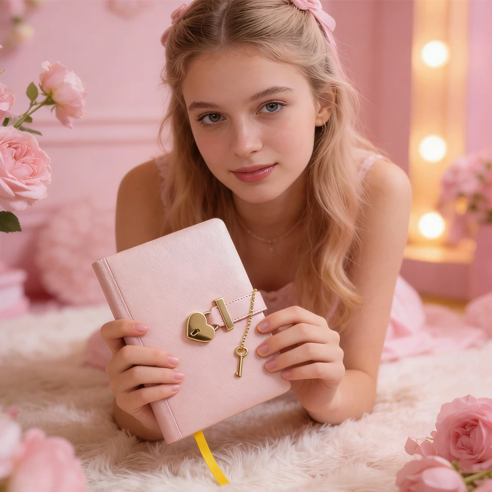 Lockable Journal - Pink PU Leather Cover Personal Diary with Heart Shaped Lock & Key Secret Notebook Gift for Teens & Girls