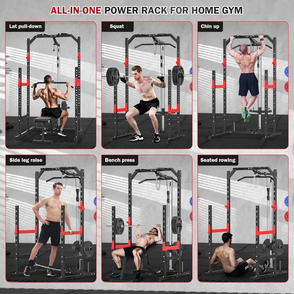 Multi-Function Power Rack with Pulley System for Home Gym, Bench Press Squat LAT Pull-Down Pull-up Rowing All in One, Custom
