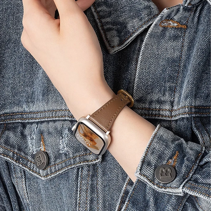 Horseshoe buckle leather watch band for Apple Watch Ultra Series 9 8 7 leather strap for iWatch Mini pin buckle women wristbad