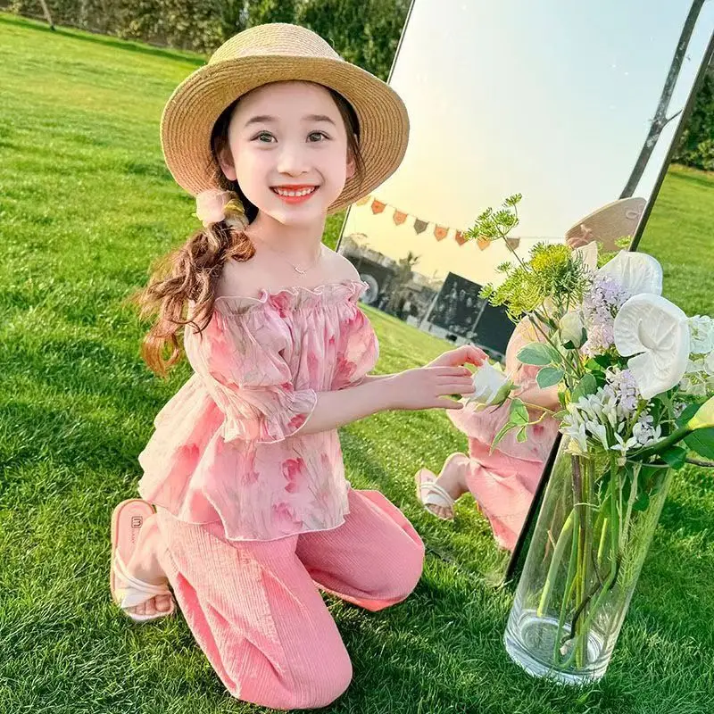Summer New Korean Version Girls Set Fashionable and Cute Printed Fungus Edge Two Piece Set for Children