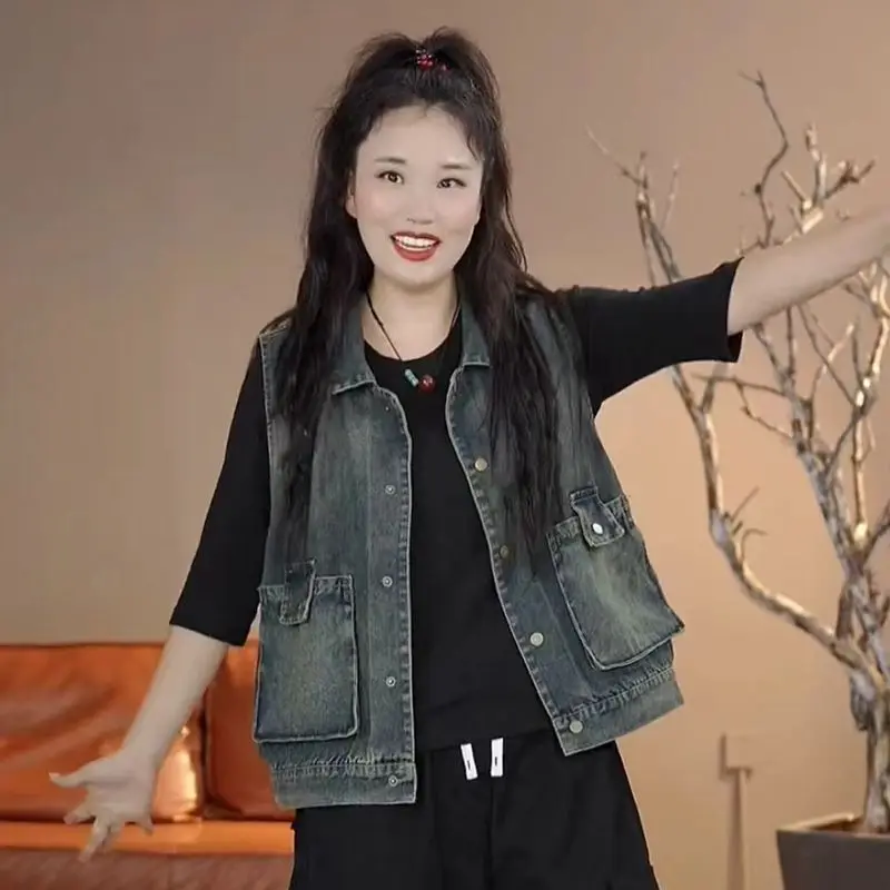 Sli Loose Women's Denim Vest Spring Autumn Faion Outerwear Trendy European Sle ort Coat Casual Straight Cut Design