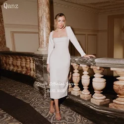 Qanz Elegant Long Sleeves Wedding Dress White Mermaid Backless Slit Party Dresses Tea Length Vestidos De Novia Customized