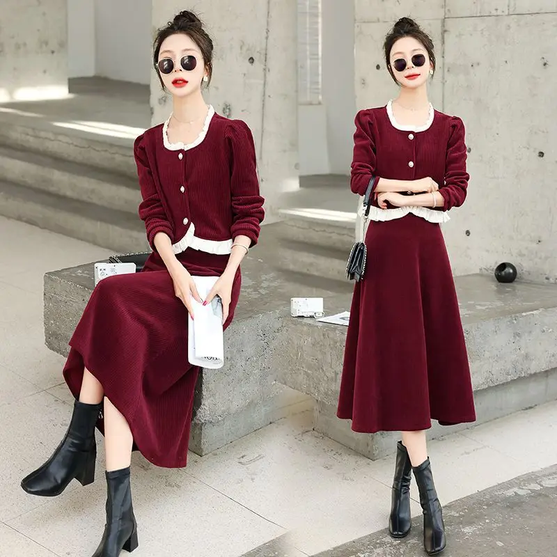 Lnsozkdg Korean Temperament Women Ruffle Jacket + A-line Skirts 2piece Set Autumn Office Lady Elegant Single Breated Jacket Suit