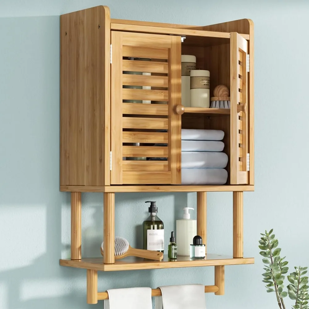 

Bathroom Wall Cabinets, Bamboo Medicine Cabinets with Towel Bar, Wall Mounted Storage Cabinet with Adjustable Shelves, 2 Doors