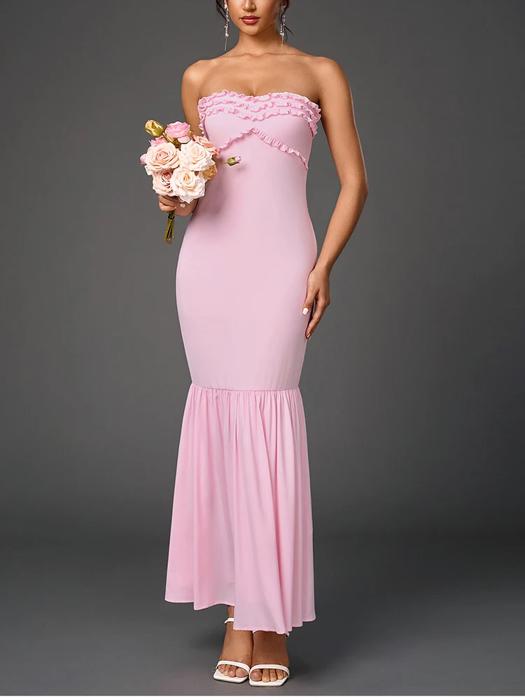 NewAsia 2025 Nuovo abito lungo senza spalline in chiffon tinta unita con finiture floreali increspato elegante abito da sera formale per la festa di nozze