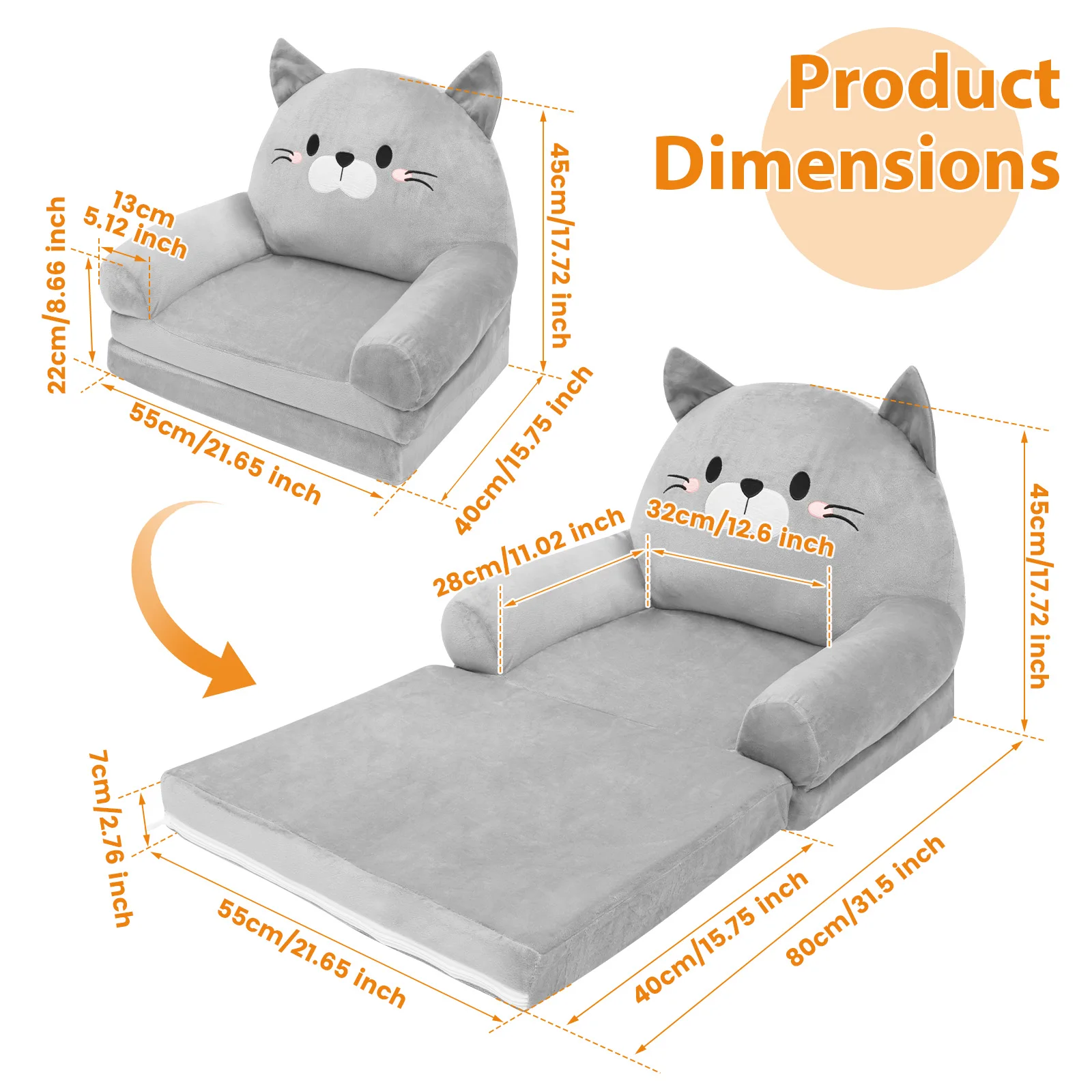 Foldable Kids Sofa Baby Seat Chair Foam Filled Toddler Sleeping Couch Reading Armchair for Reading Relaxing Nursery Bedroom