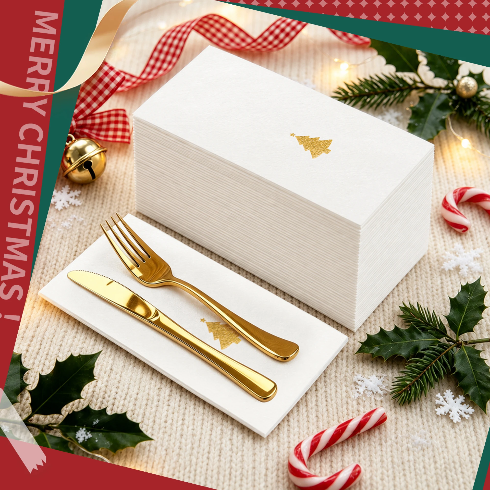 25/50PCS Christmas Tree Gold Foil Linen Feel Dinner Napkins,15.75x11.8inch Disposable Eco-Friendly for Elegant Party,Cafe,Events
