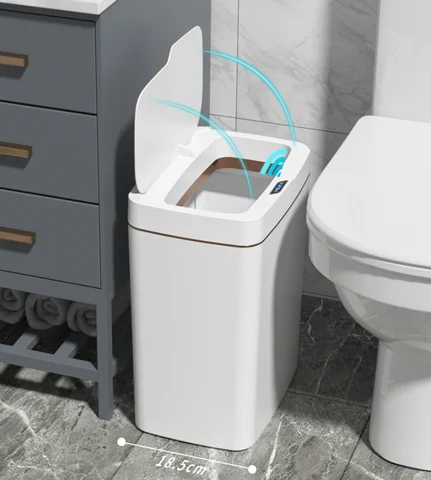 HTMCK White Touchless 15L Smart Sensor Trash Can – Electronic Bathroom Garbage Bin with Automatic Bagging, Smart Home Compatible
