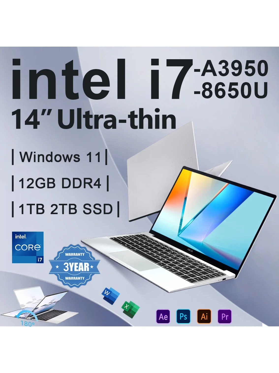 2026 Office Laptop Windows 11 Pro Intel i7 8650U Intel Atom A3950 14,1 inch Notebook Computer 12GB RAM 1TB 2TB SSD PC Gaming - afbeelding 2