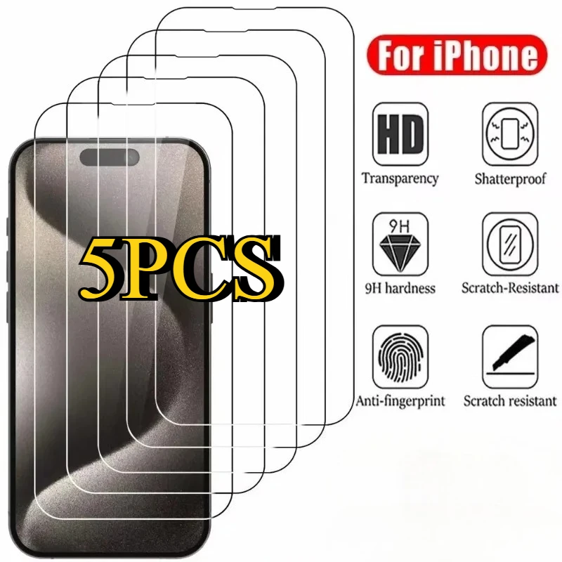 

5Pcs Screen Protector For iPhone 15 16 Pro Max For iPhone 11 12 13 14 Pro Plus Tempered Glass For IPhone XR XS Max Glass
