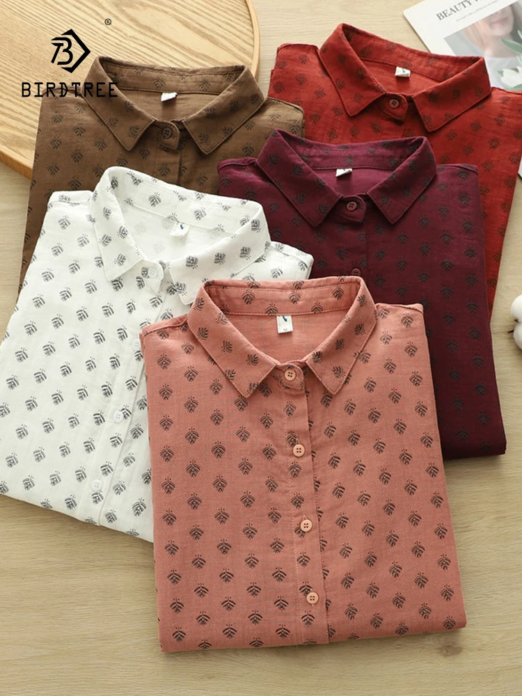 

New 2025 Autumn Cotton Long Sleeve Shirt, Women Turn-down Collar Print, Mori Girl Retro Commute Versatile Loose Blouse T59256CC