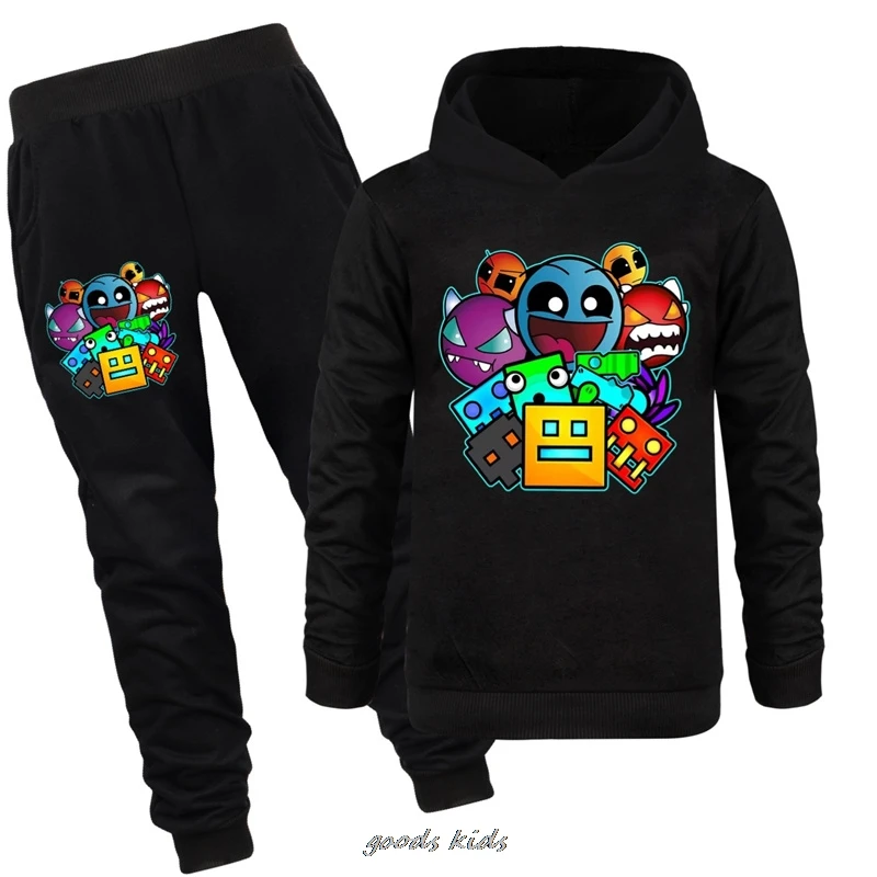 Hot Geometry Dash Kids Clothes Baby Boys Clothing Set Children Halloween Outfits Teens Girls Hoodies +Pants 2Pcs Sets Best Gift