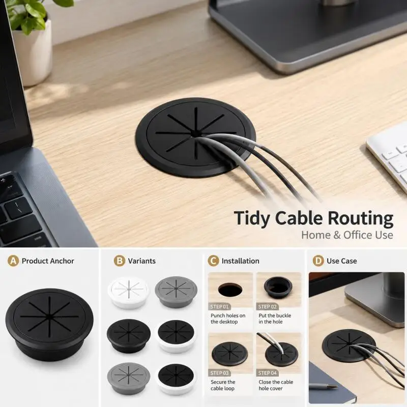 50mm 60mm Cable Grommet Desk Cord Hole Cover, Wire Outlet Port Threading Box Cover for Office Table Countertop Cable Management