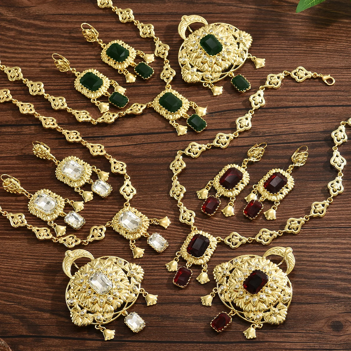 Elegant Moroccan Bride Necklace Head Chain General Earrings Brooch Jewelry Set Square Design Arabic Wedding Robe Accessory Gift
