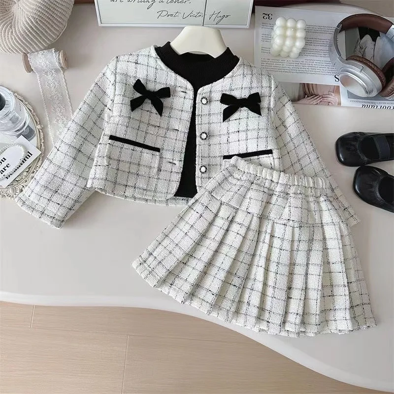 2025 Autumn New Korean Girl Thousand Bird Lattice Small Fragrant Wind Bow Baby Foreign Temperament Two-piece Set 90-140cm