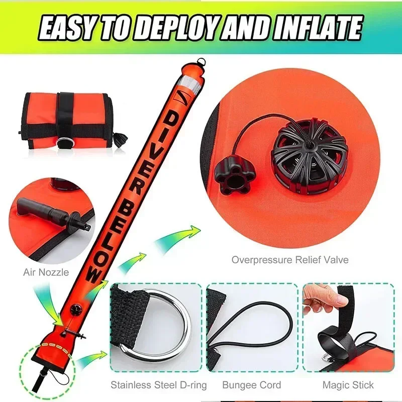 Scuba Surface Marker Buoy (SMB) 4/5ft Hi-Visibilityแถบสะท้อนแสงเปิดด้านล่างความปลอดภัยInflatable Dive Float Buoy Marker Buoy